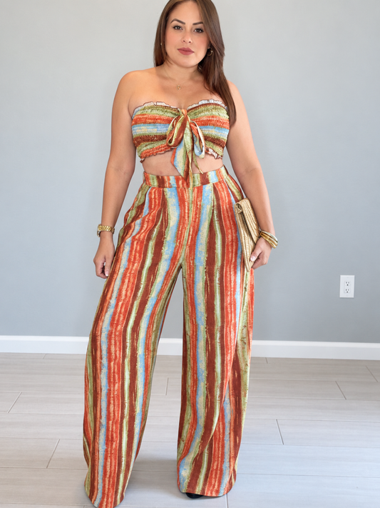 Rust Striped Strapless Top & Palazzo Pants Set