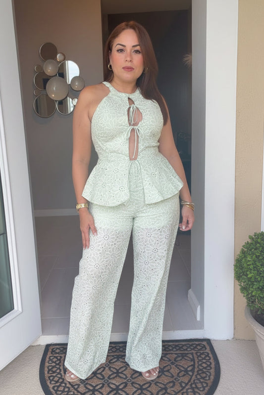 Mint Floral Embroidered Halter Top & Palazzo Pants Set