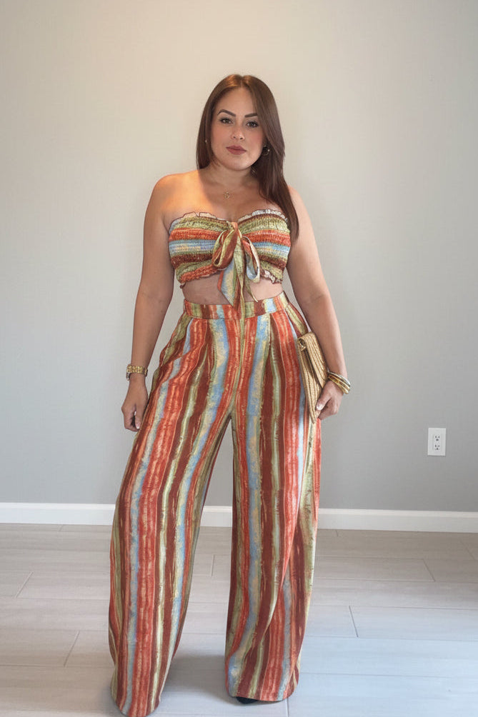 Rust Striped Strapless Top & Palazzo Pants Set