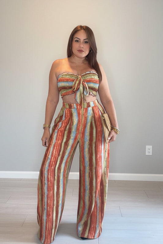 Rust Striped Strapless Top & Palazzo Pants Set